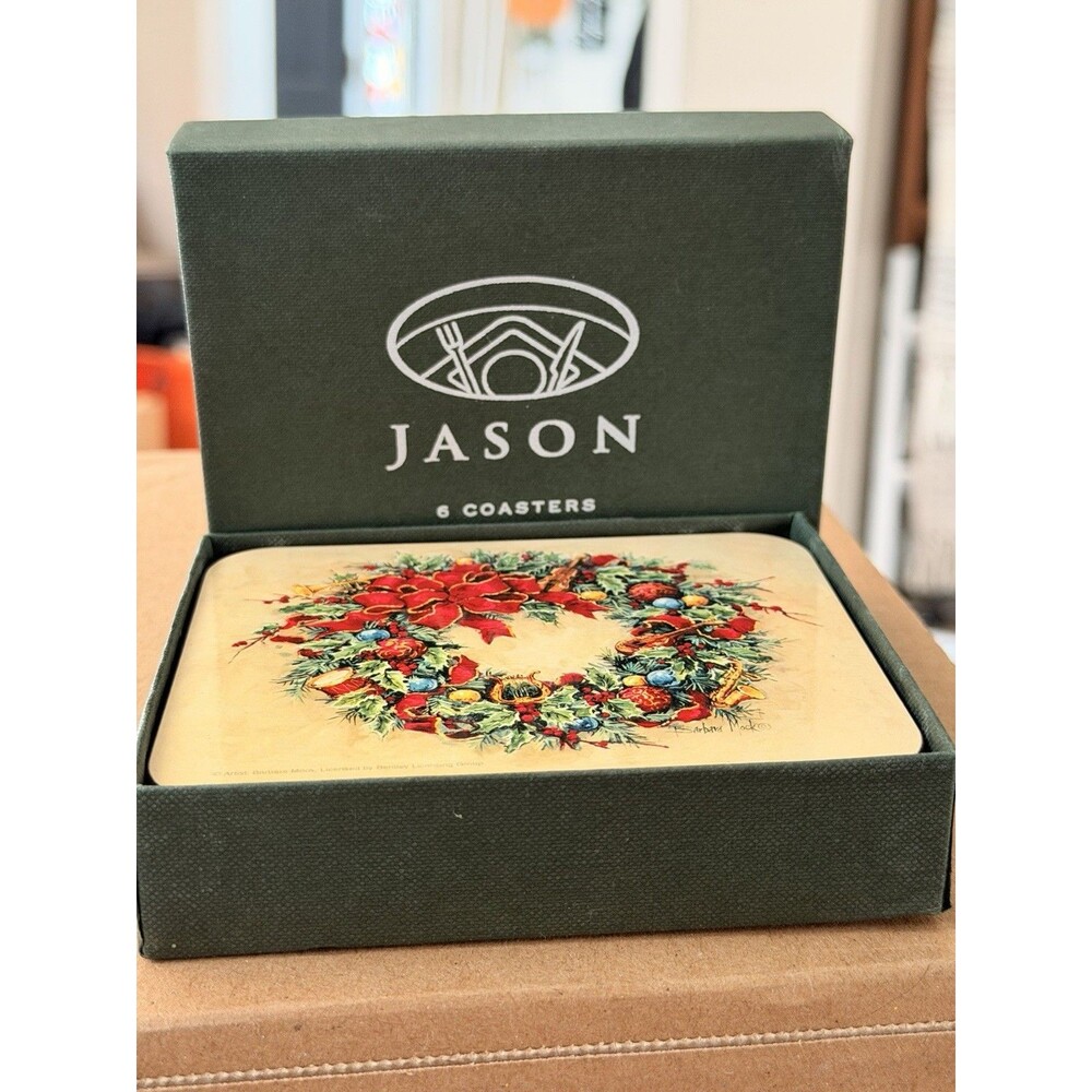 Vtg Jason Christmas Coasters Set of 6 Barbara Mock Tis The Season Wreath Cork